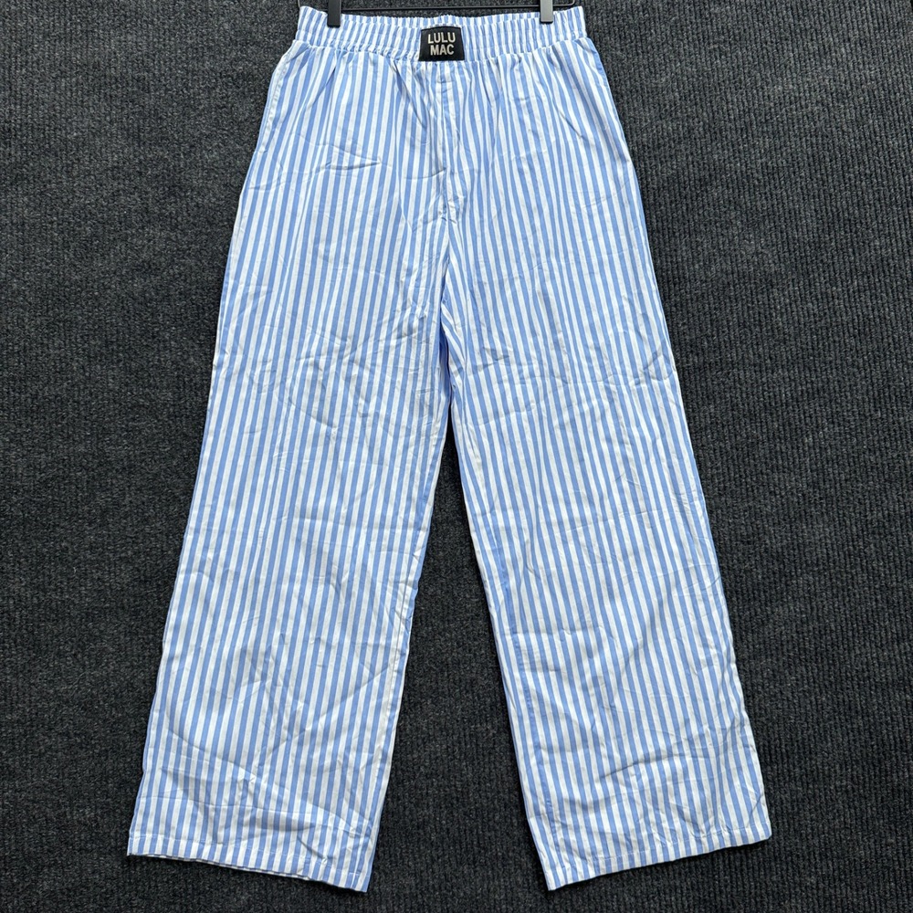 Lulu Mac Stripe Pants Womens L Large Blue White Cotton Elastic Waist Wide Leg